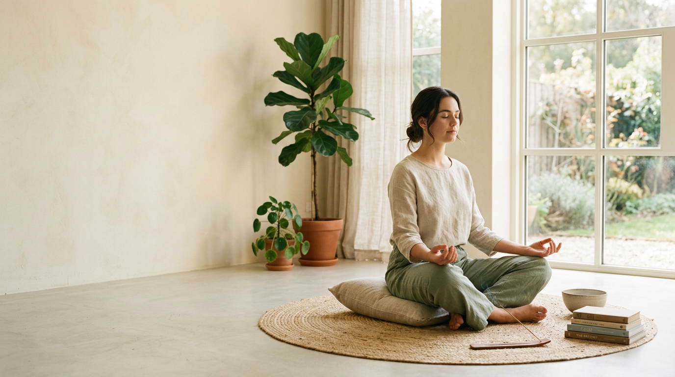 Woman meditating in a sunlit room surrounded by plants