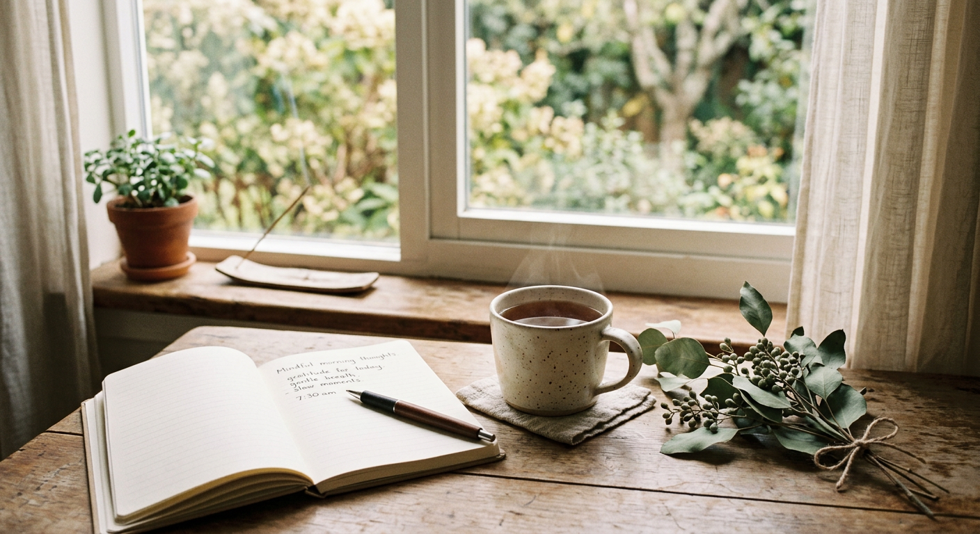 Cup of herbal tea beside an open journal near a window